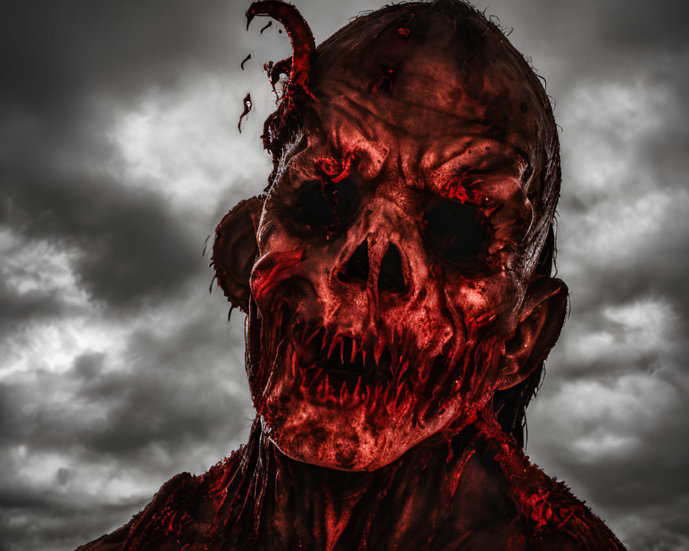 Blood-covered creature with glowing red eyes and eerie appendage in stormy sky