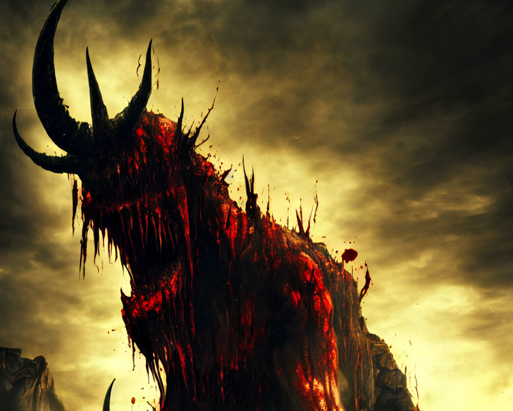 Menacing molten beast with large horns in stormy golden sky