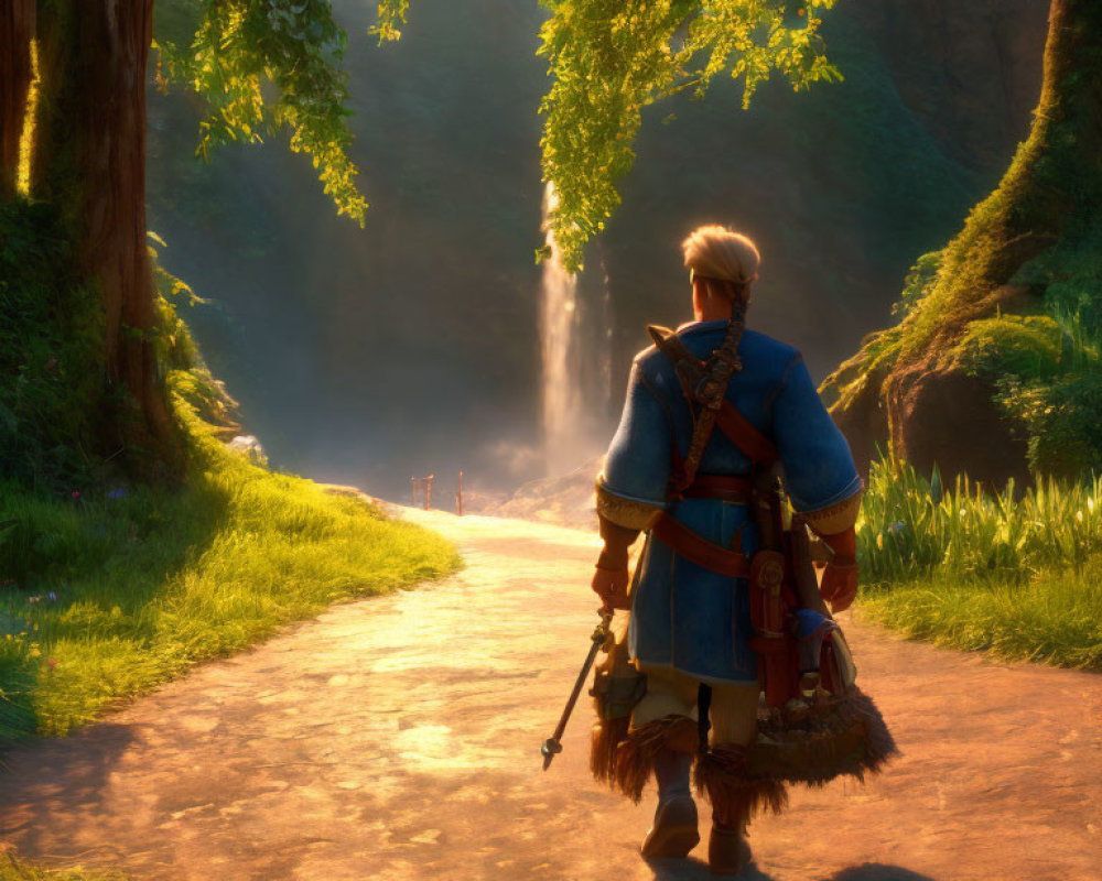 Medieval character walking towards sunlit forest glade with distant waterfall