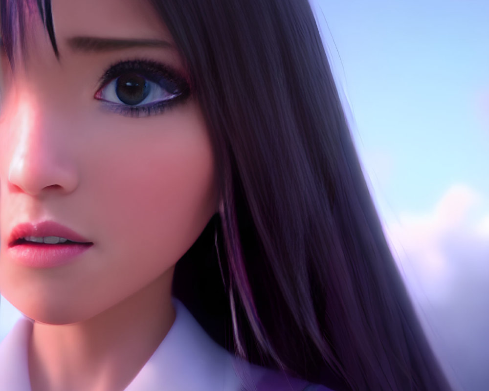 Female CGI Character with Purple Eyes and Dark Hair in White Outfit