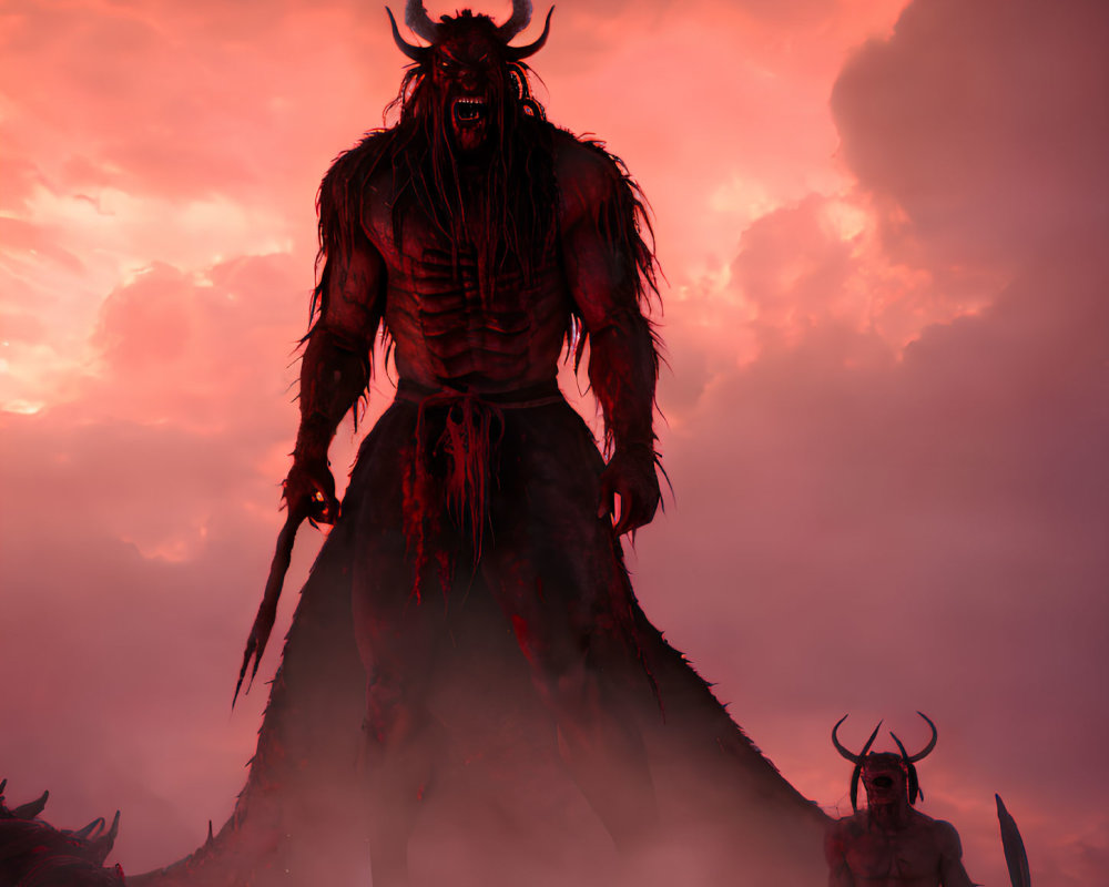 Muscular demon with horns and glowing eyes under red sky with weapon and smaller figures.