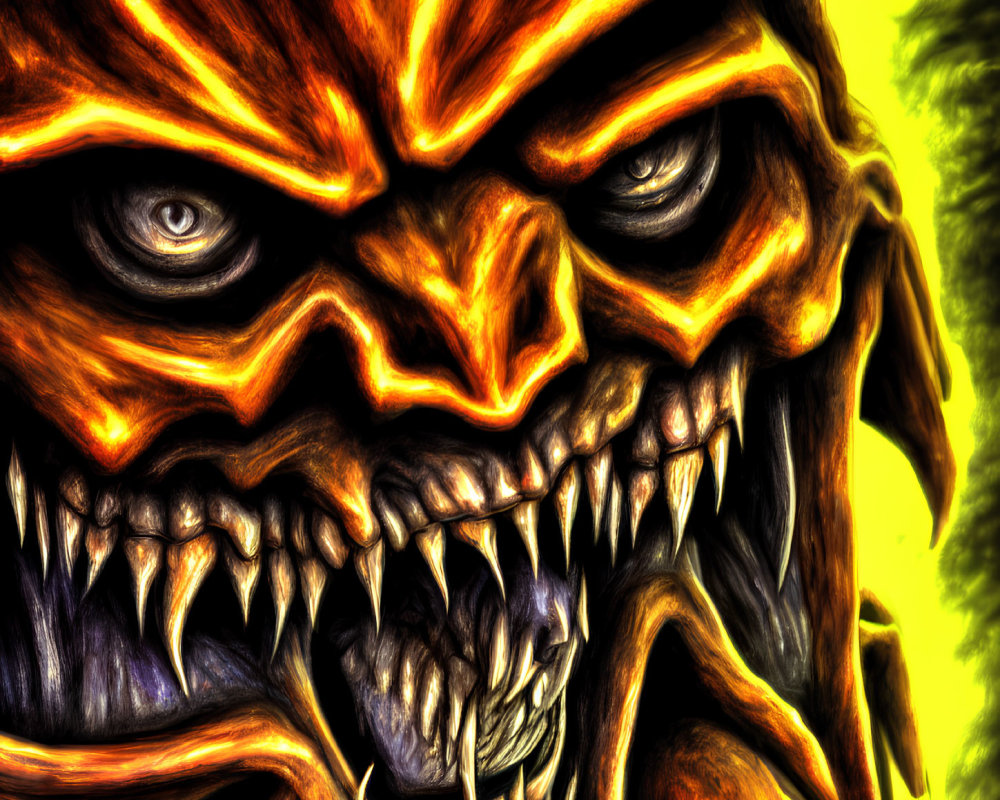 Fiery digital artwork: Snarling creature with sharp teeth & glowing eyes