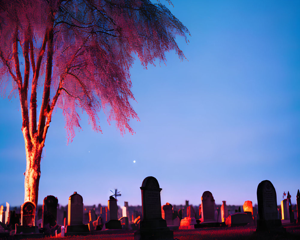 Twilight cemetery scene with silhouetted tombstones and illuminated tree