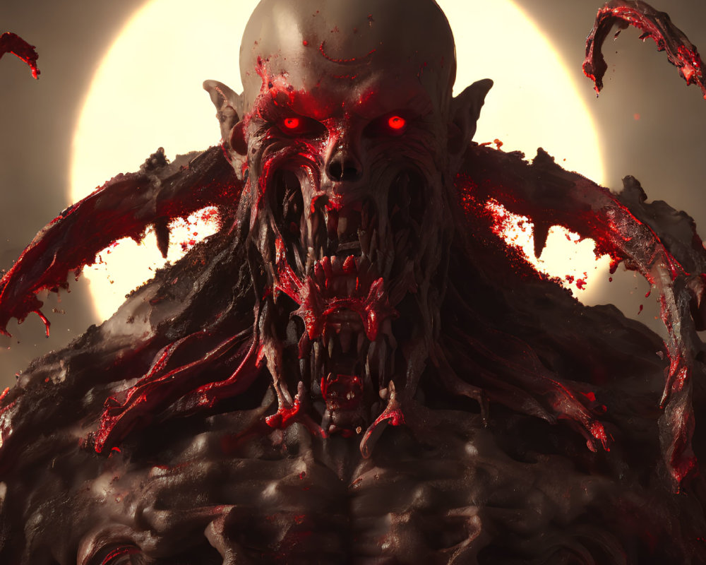 Sinister demonic figure with glowing red eyes and blood-splattered features under a dark eclipse