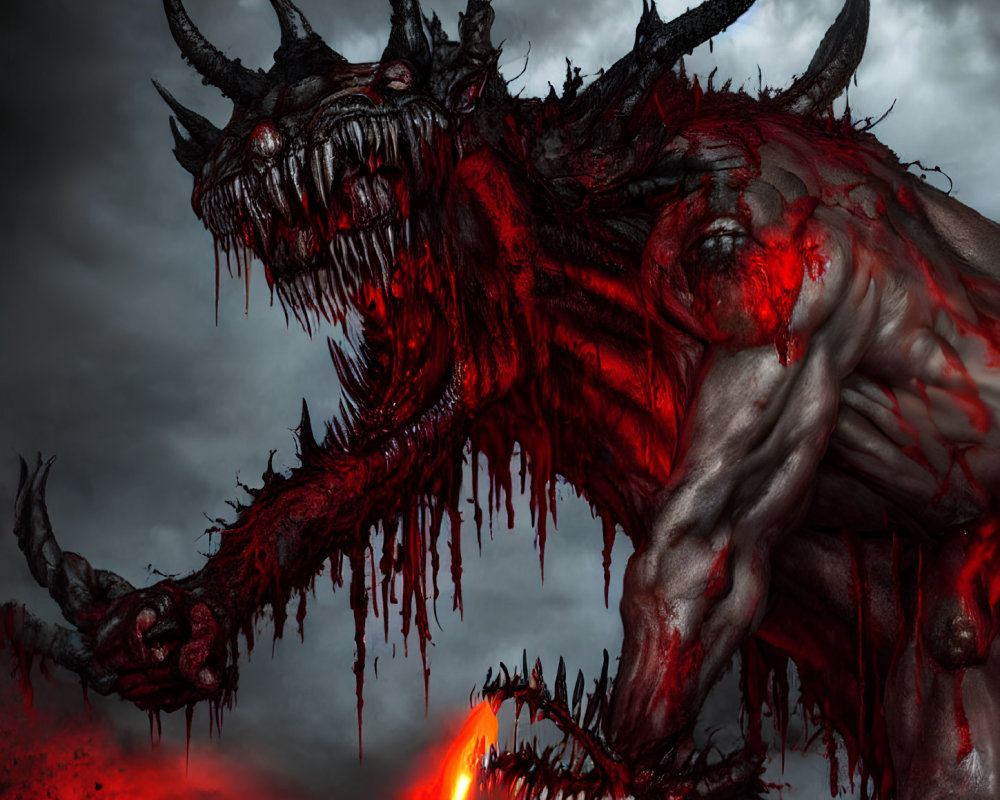 Muscular red demon with horns and glowing eyes in dark setting