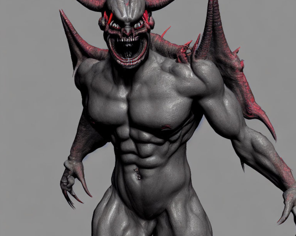 Muscular demon with horns, red eyes, and sharp claws on gray background