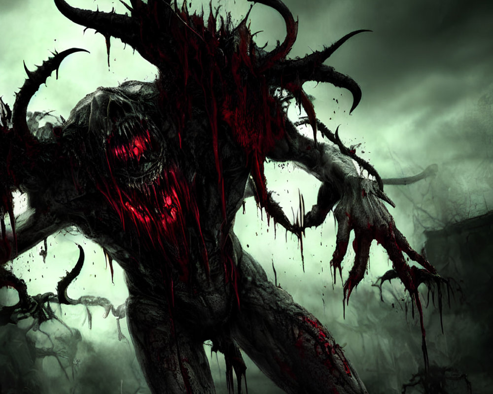 Sinister dark creature with glowing red eyes and sharp horns in eerie landscape