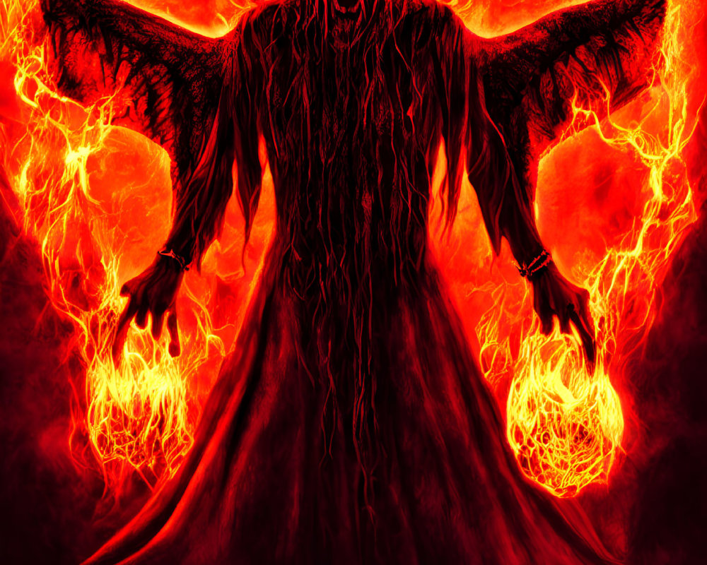 Sinister horned demonic figure with fiery orbs in infernal background