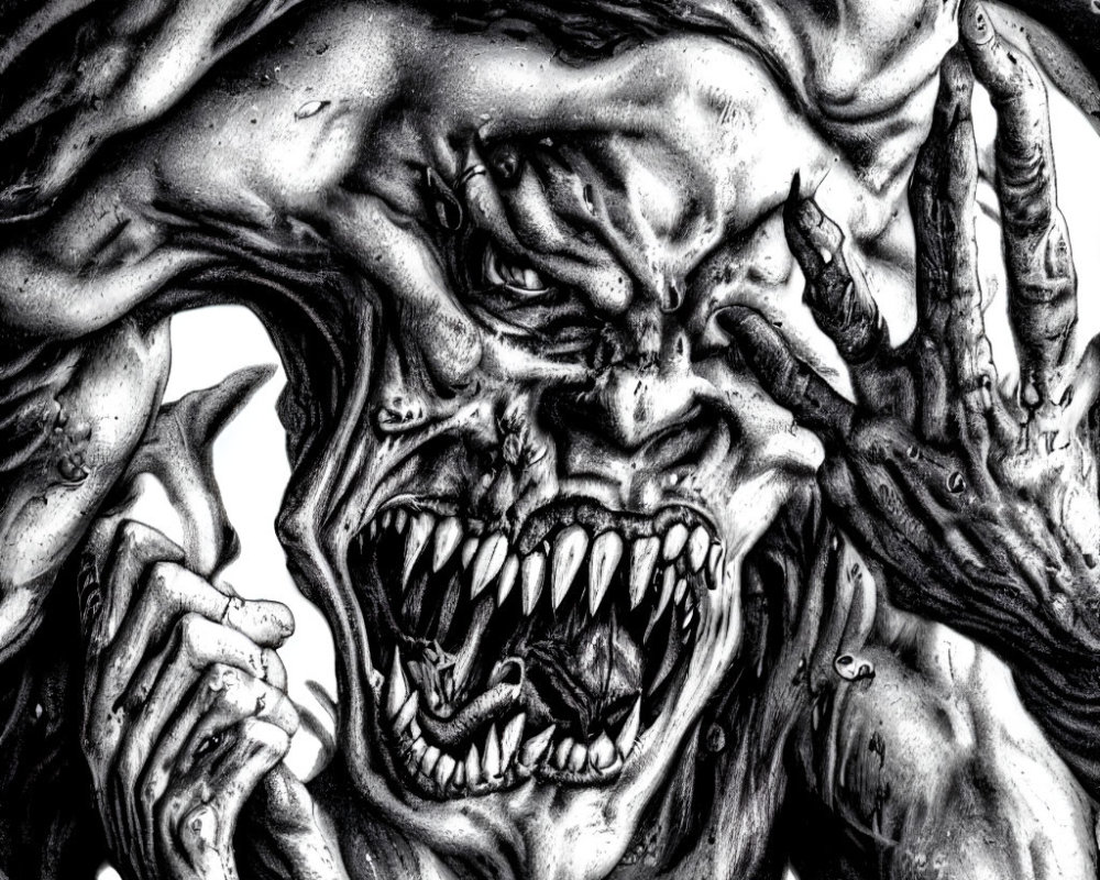 Monochrome artwork of a snarling, muscular creature with fangs and intense eyes