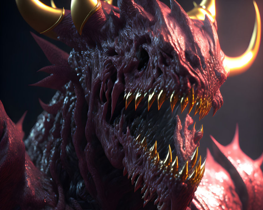 Detailed Image: Fearsome Red Dragon with Sharp Teeth and Golden Horns