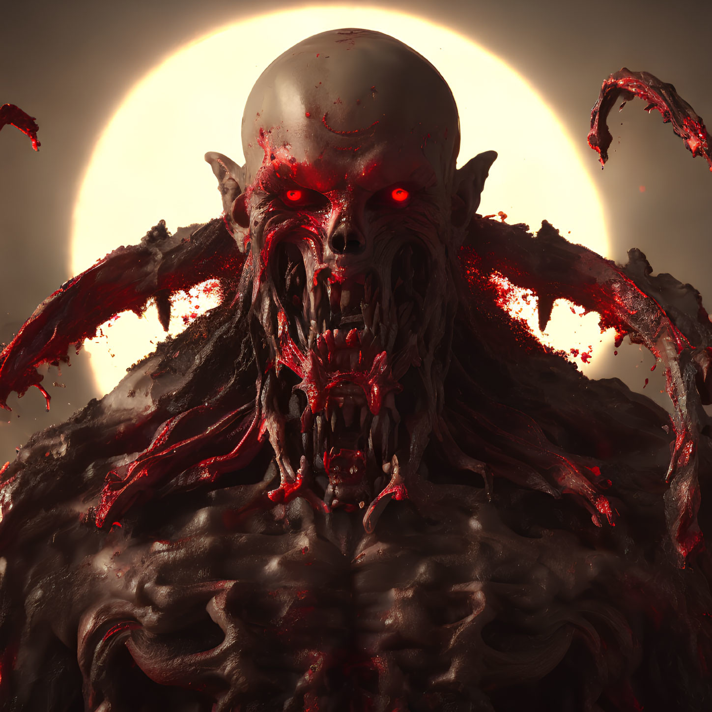 Sinister demonic figure with glowing red eyes and blood-splattered features under a dark eclipse