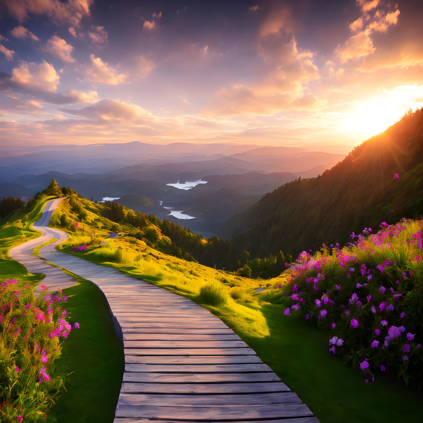 Scenic wooden boardwalk in vibrant meadow at sunset