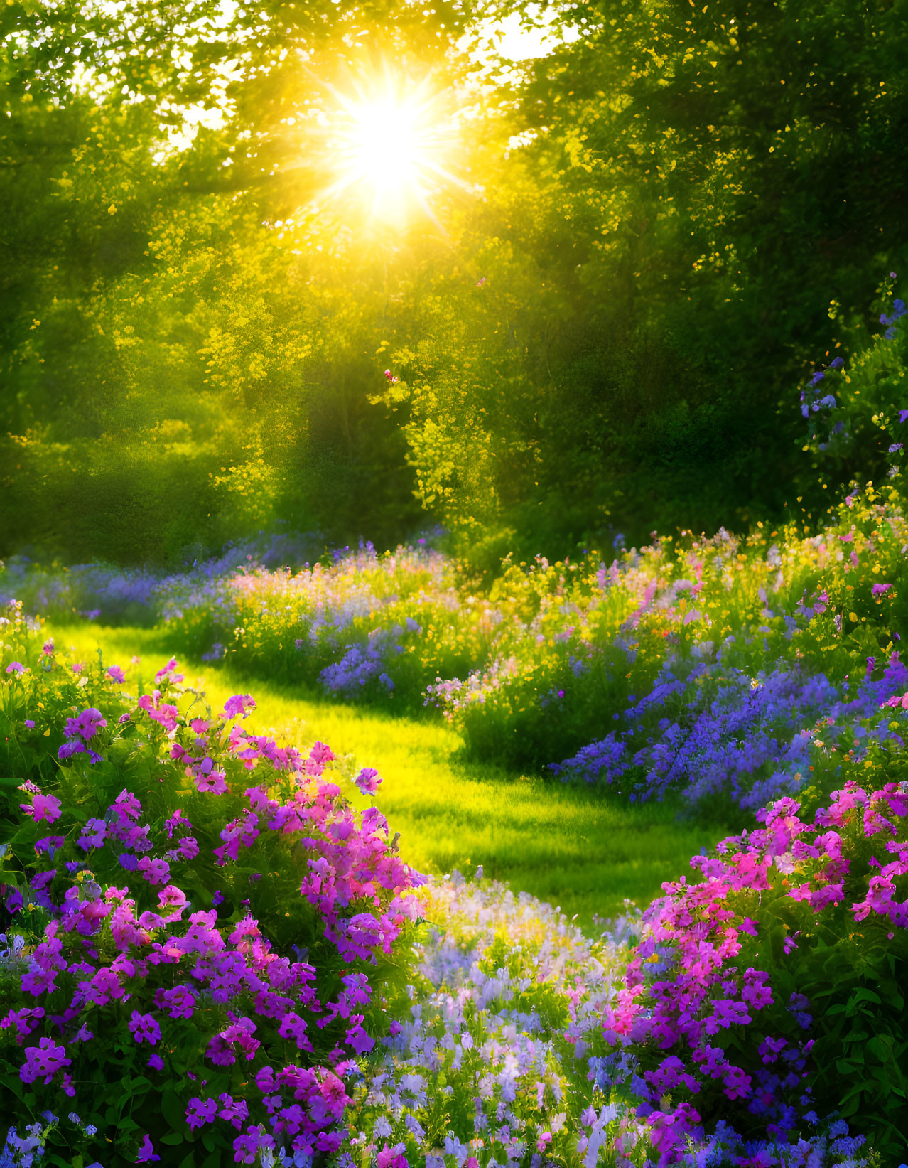 Vibrant garden with purple and pink flowers under golden sunlight