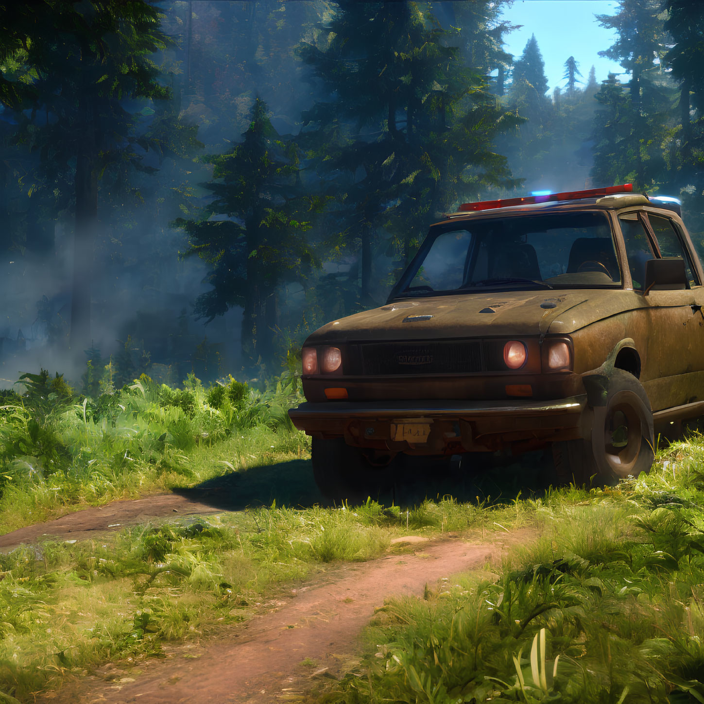 Vintage police car parked in sunlit forest clearing