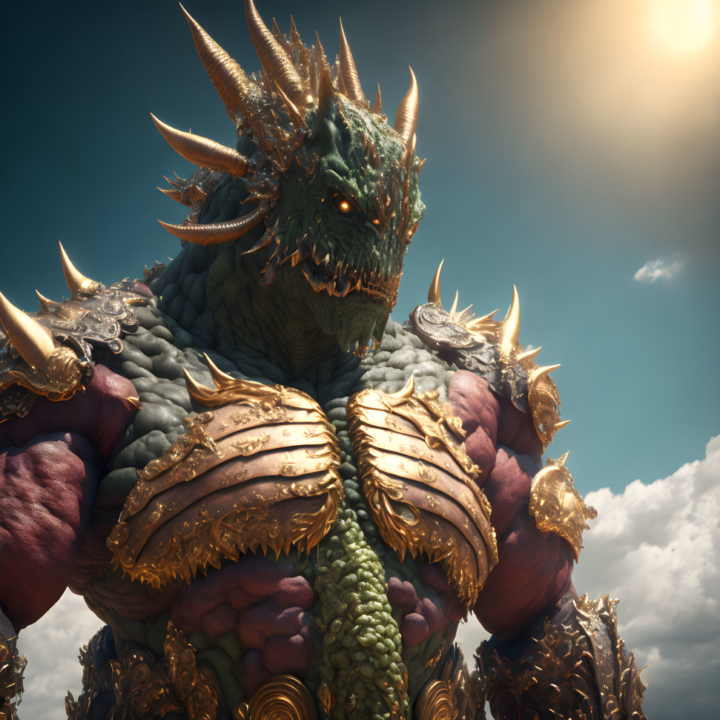 Dragon humanoid with spiked scales and golden armor under cloudy sky