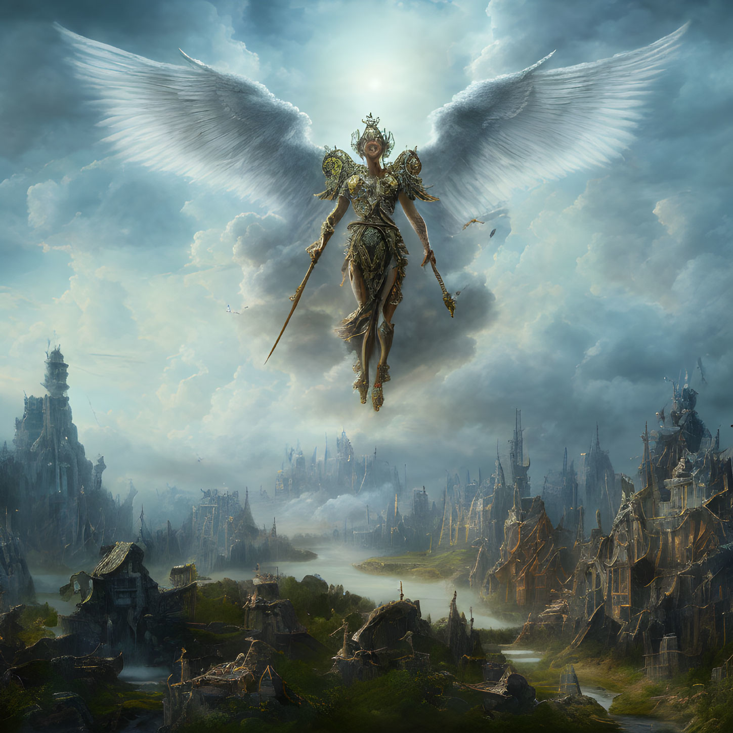 Winged figure in ornate armor above ancient city and clouds