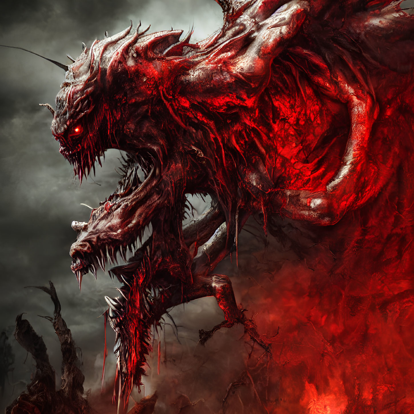 Menacing red dragon with multiple heads in dark, smoky setting