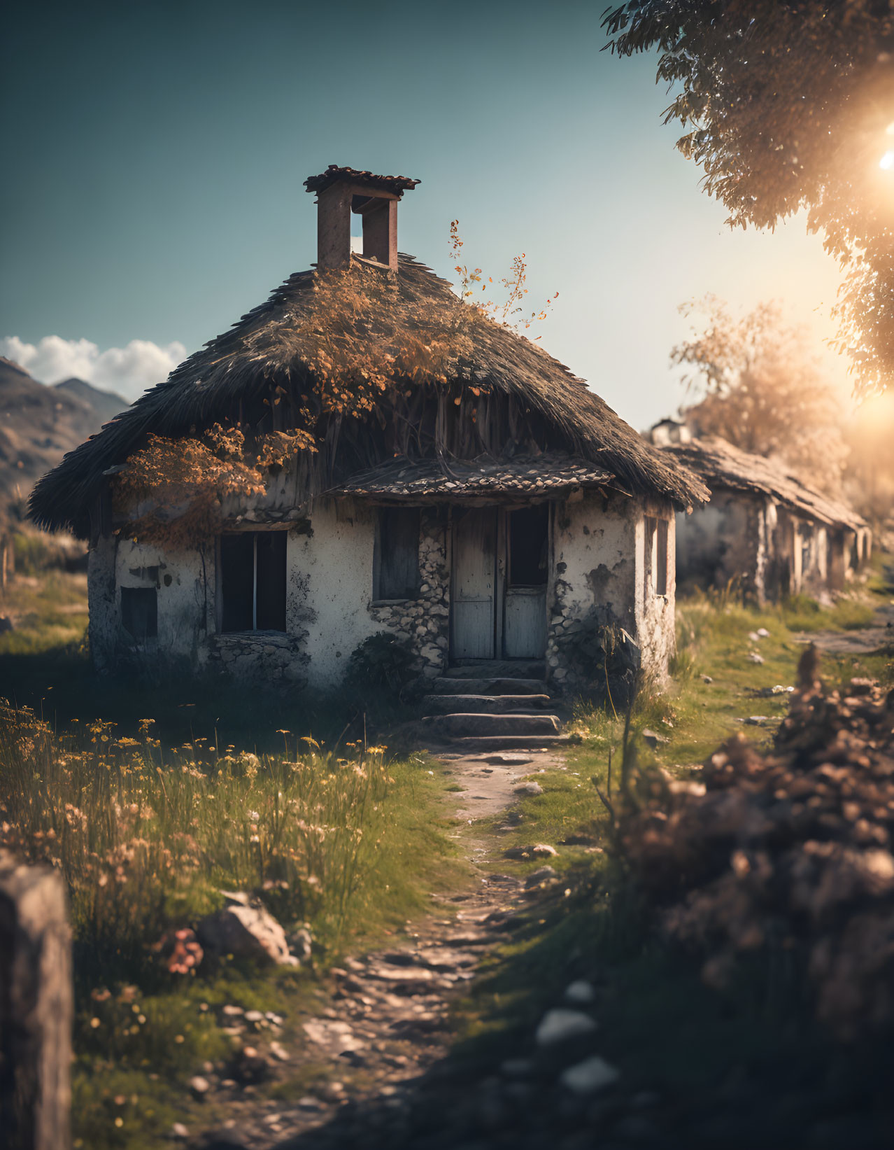 Thatched-Roof Cottage in Serene Meadow under Sunlit Sky