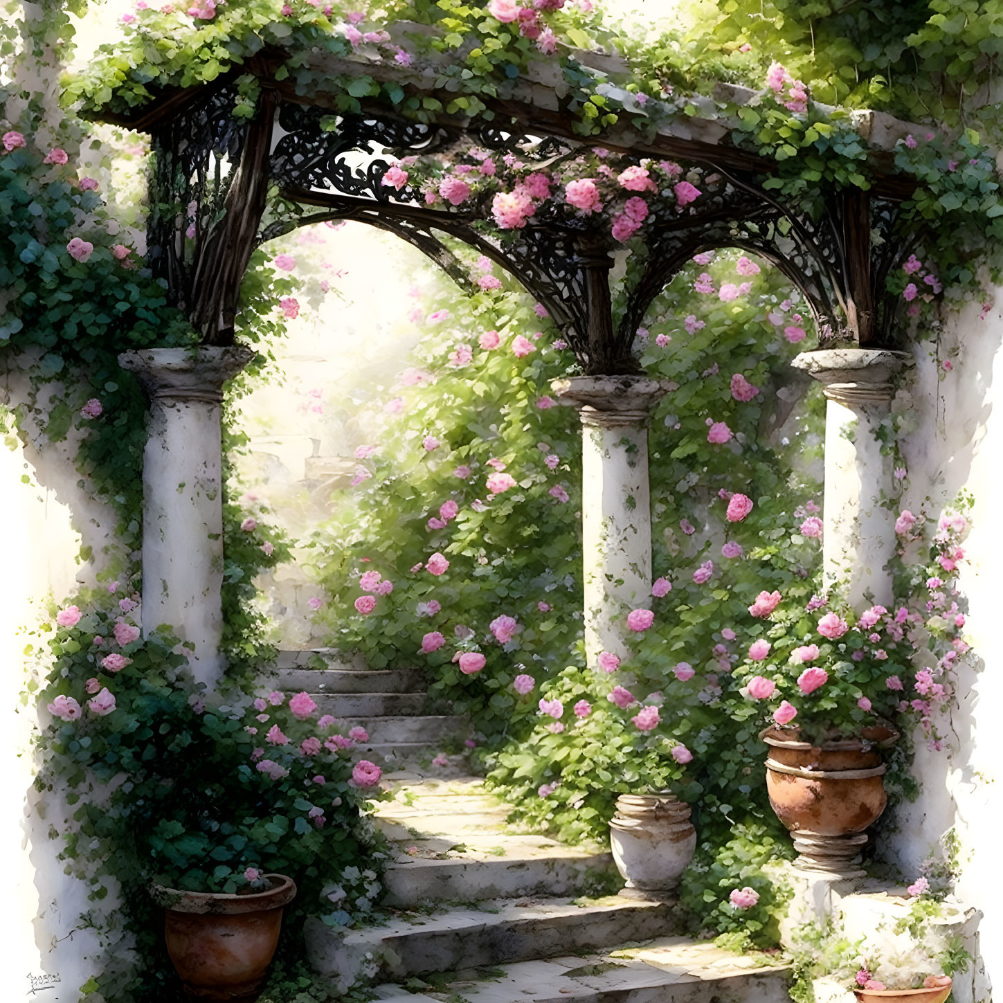 Idyllic garden scene with blooming pink roses, white columns, and stone steps surrounded by lush