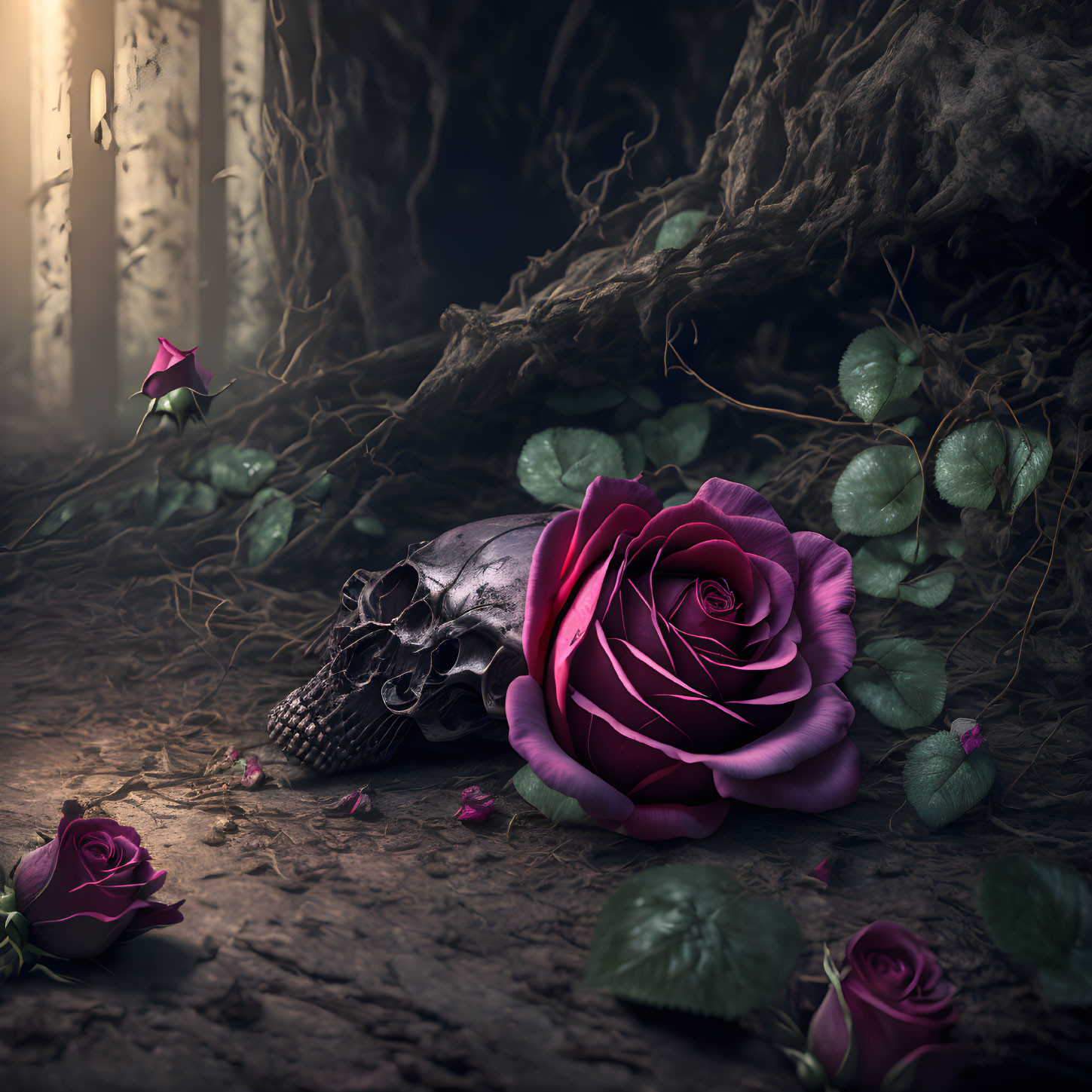 Eerie forest scene with human skull and vibrant rose surrounded by ivy