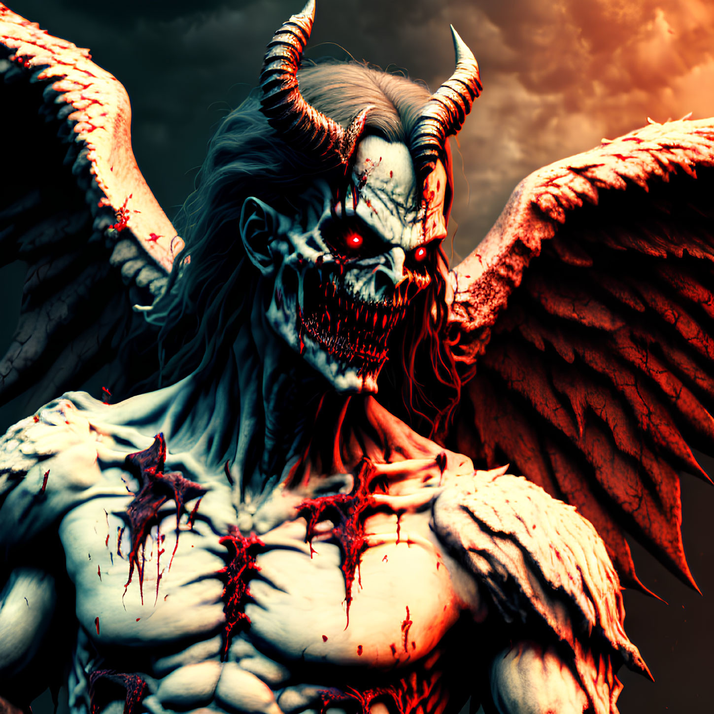 Demonic figure with horns and wings in dramatic sky