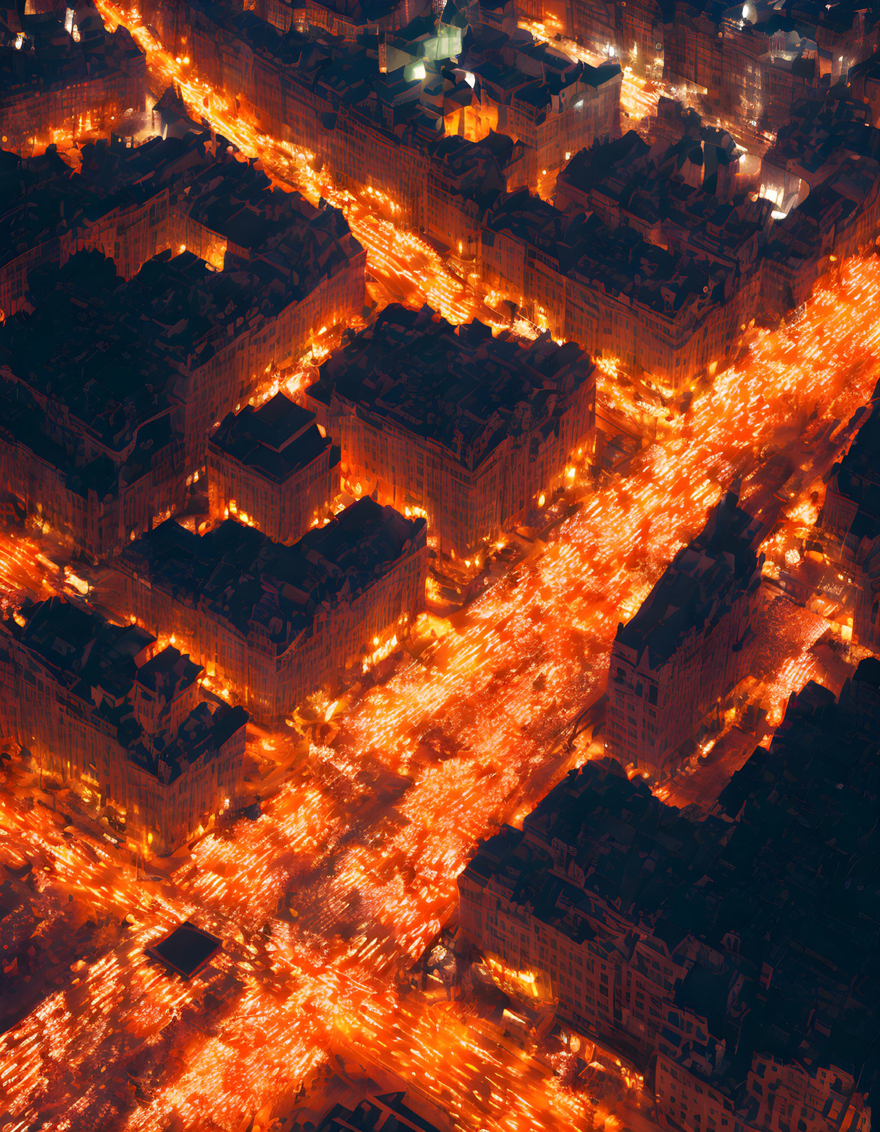 Nighttime cityscape with illuminated streets and urban architecture