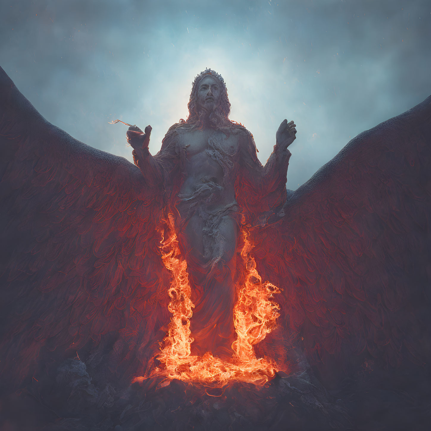 Mythic figure with flaming wings in molten lava landscape