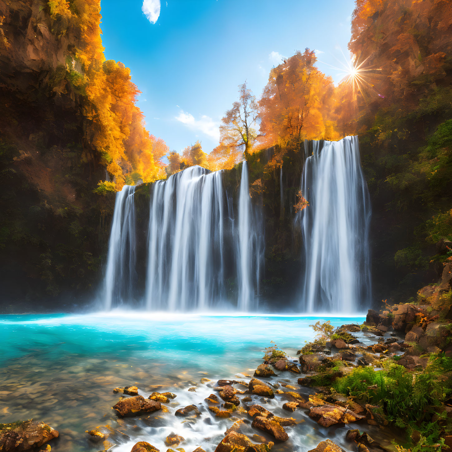 Autumn waterfall scene with cascades, vibrant foliage, sunlight rays, and blue pool