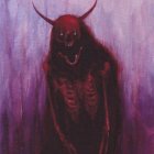 Menacing demonic figures with sharp horns in misty purple background