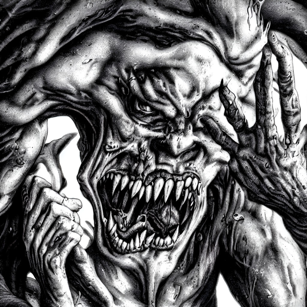 Monochrome artwork of a snarling, muscular creature with fangs and intense eyes