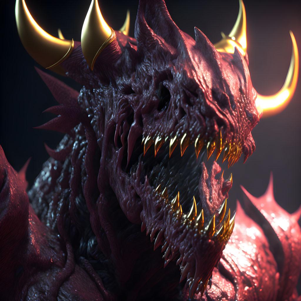 Detailed Image: Fearsome Red Dragon with Sharp Teeth and Golden Horns