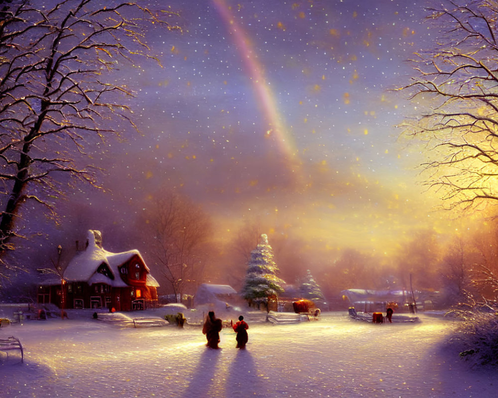 Winter village scene with Christmas tree, houses, and snowy night sky.