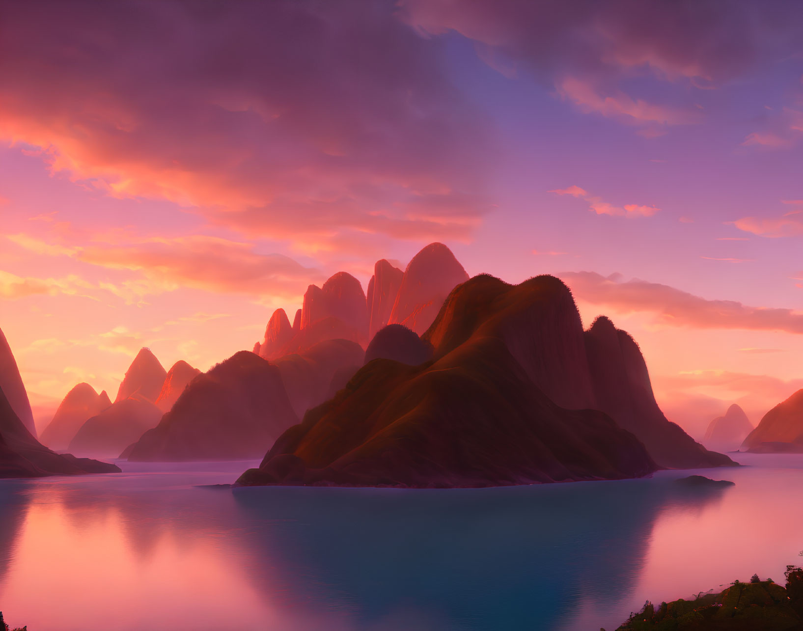 Majestic mountains and glowing sunset in serene digital landscape