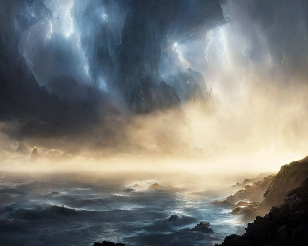 Stormy Seascape with Dramatic Clouds and Lightning