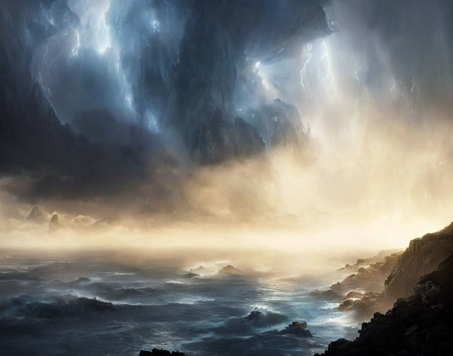 Stormy Seascape with Dramatic Clouds and Lightning