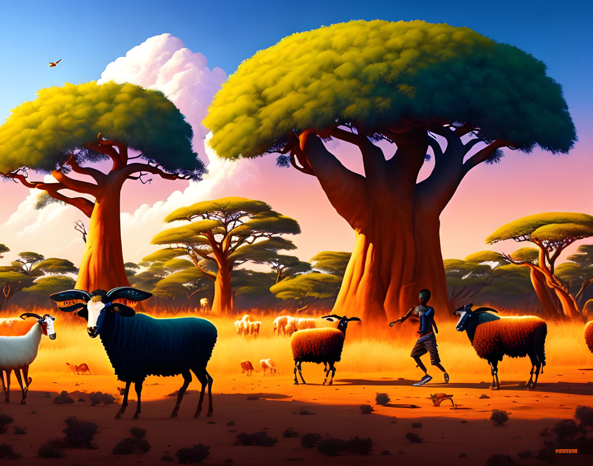 African savanna scene with baobab trees, running person, flock of sheep, sunset sky