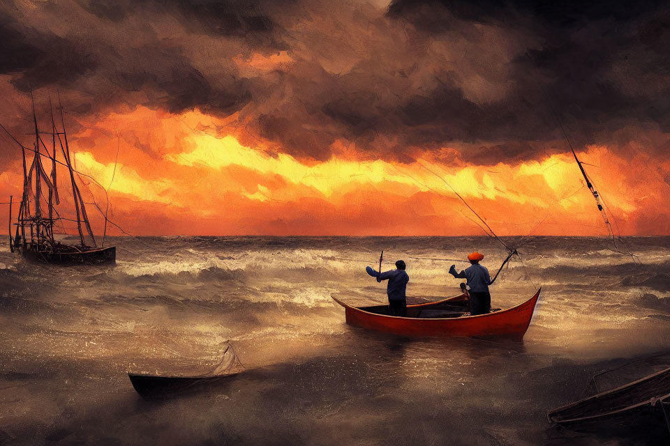 Fishermen in small boat on turbulent sea with fiery sky, sailing ship, and capsized boat.