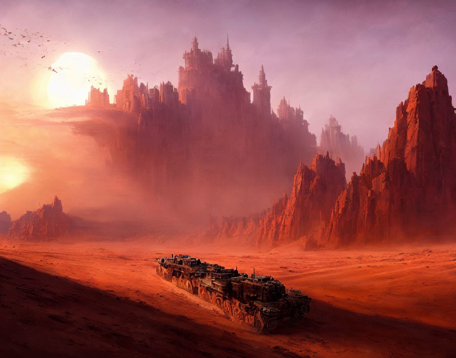 Futuristic convoy in desert with rocky spires under setting sun