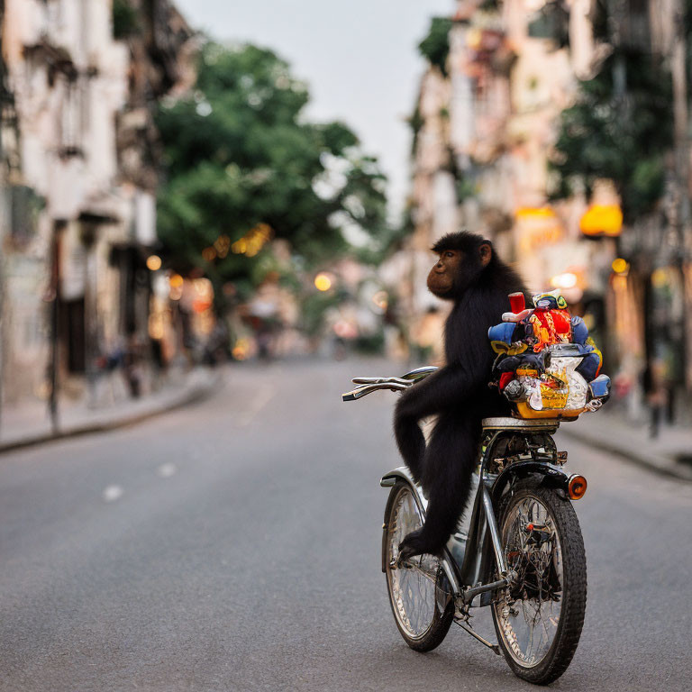 Black monkey on bicycle with colorful items in old city street at dusk