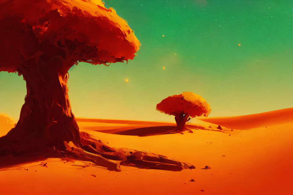 Surreal desert landscape with mystical trees under green starlit sky