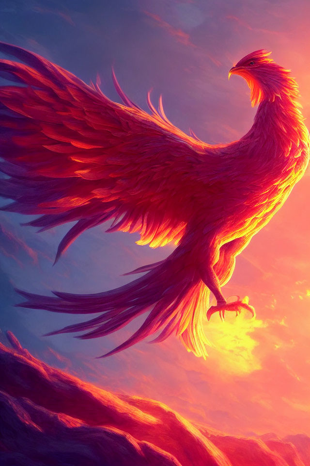 Majestic red phoenix soaring in vibrant sunset sky