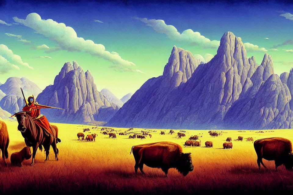 Illustration of lone rider on horseback with bison and mountains.