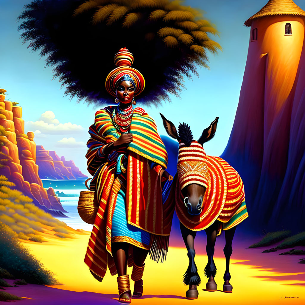 Vibrant African attire woman with donkey at sunset