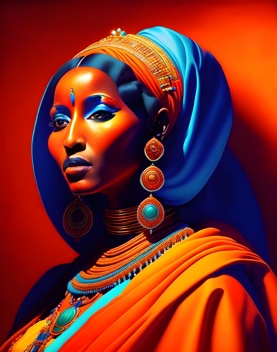 Woman with Blue and Orange Makeup, Headscarf, and Jewelry on Red Background