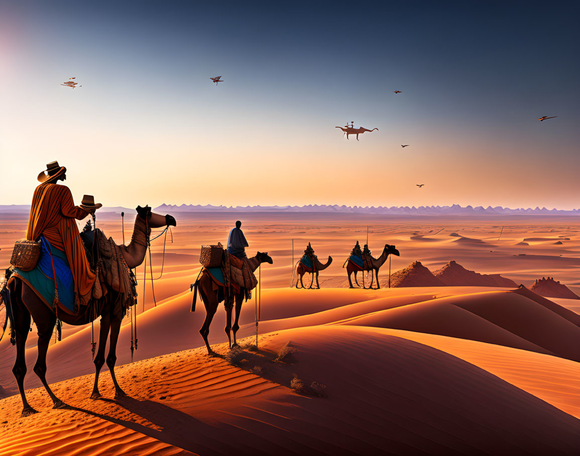 Camel caravan guided through desert dunes at sunset with flying birds and drone