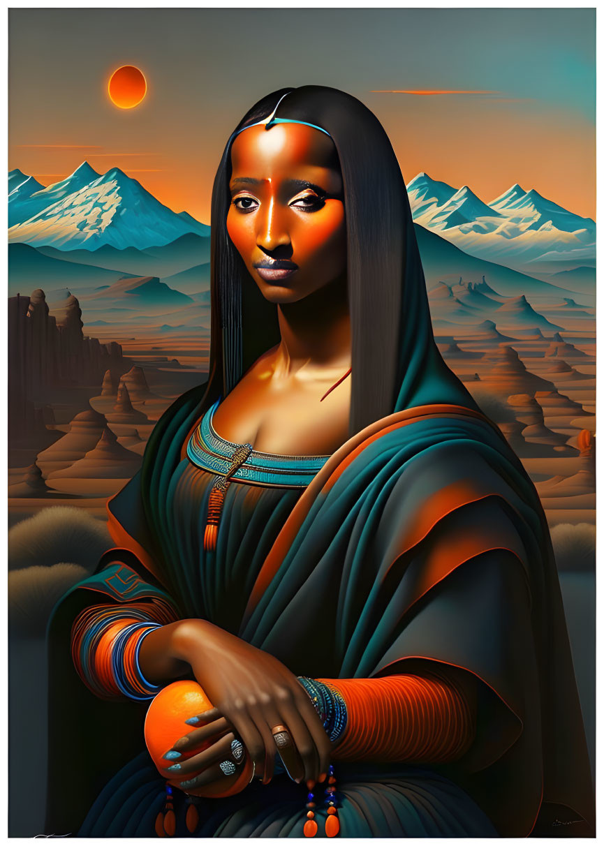 Stylized portrait of woman in blue robes against surreal landscape