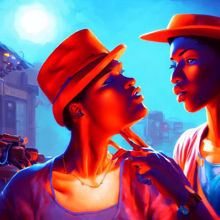 Two individuals wearing hats under a blue light, one touching the other's chin.