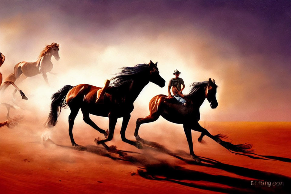 Group of horses running in desert with cowboy in dusty, orange landscape