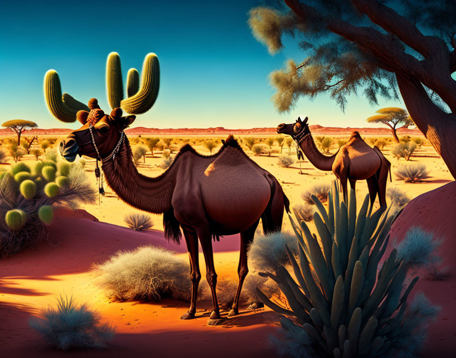 Vibrant desert landscape with whimsical camels and plant humps