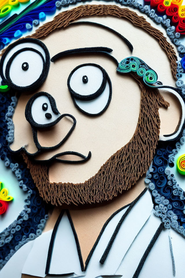 Vibrant paper quilling art of a whimsical male face with textured hair